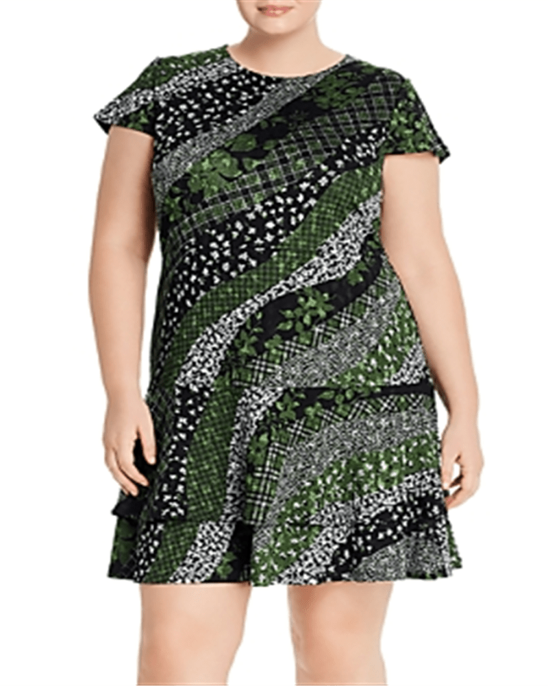 Front of a model wearing a size 2X Michael Kors Women's Plus Size Mixed-Print Ruffled Fit & Flare Dress Green Size 2X in Green by Michael Kors. | dia_product_style_image_id:313041